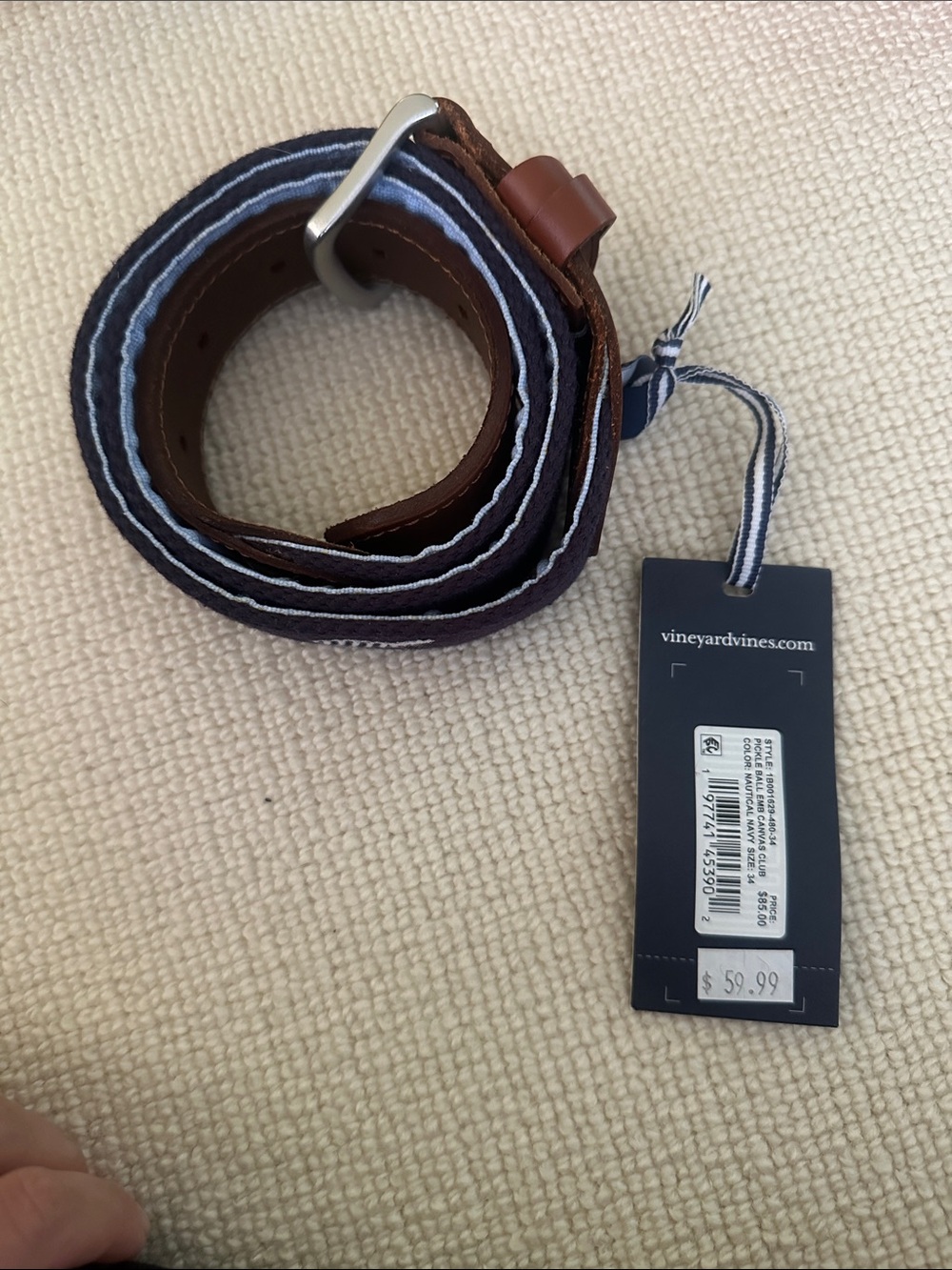 NWT - men’s Vineyard Vines Brown Leather & Navy Striped Canvas Belt